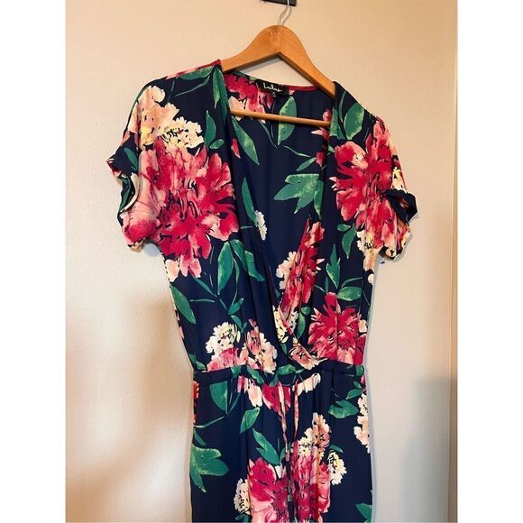 Lulus Size M Floral Surplice Jumpsuit Navy Blue Red Flower Tropical Tie Waist - Picture 6 of 12